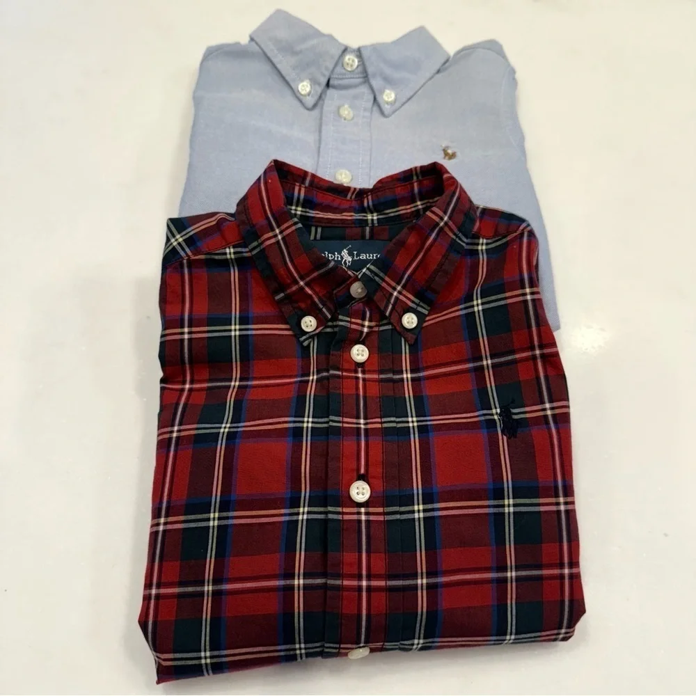 Ralph Lauren Lot Of 2 Boys Button Down Shirts Blue Oxford & Red Plaid Sz 24 Mo.